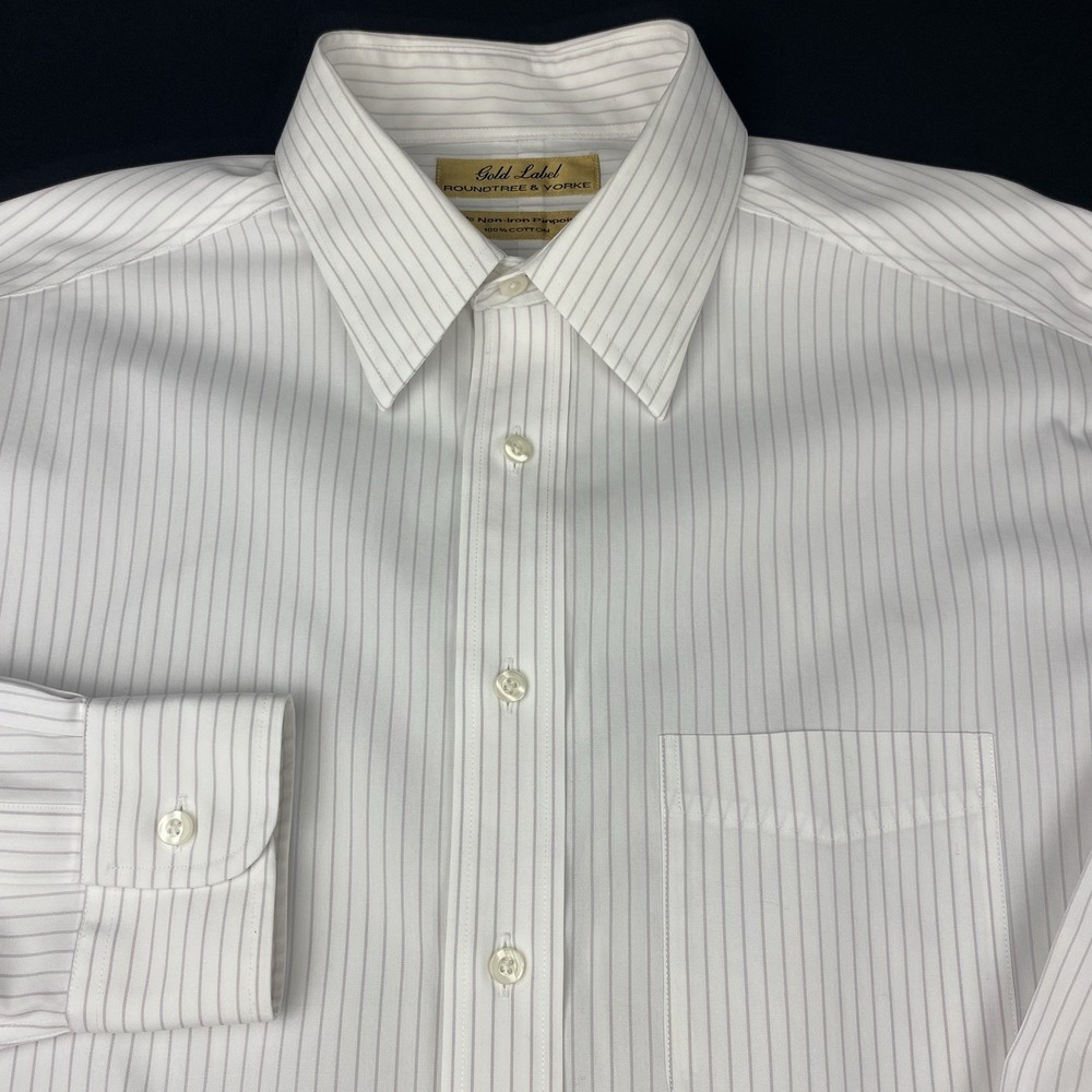 Roundtree & Yorke Gold Label Dress‎ Shirt Mens 15.5-33 White w/Lavender Stripes